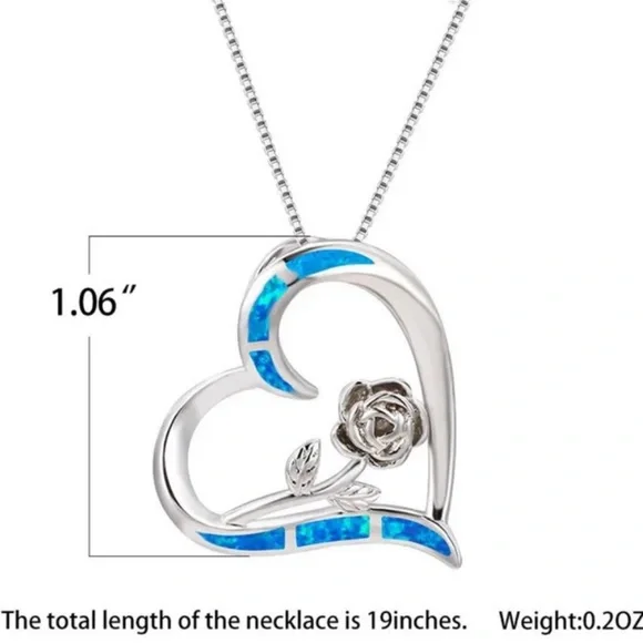 🆕 | Blue Simulated Opal | Rose Flower | 14K White Gold Plated Women’s Necklace - Picture 5 of 7